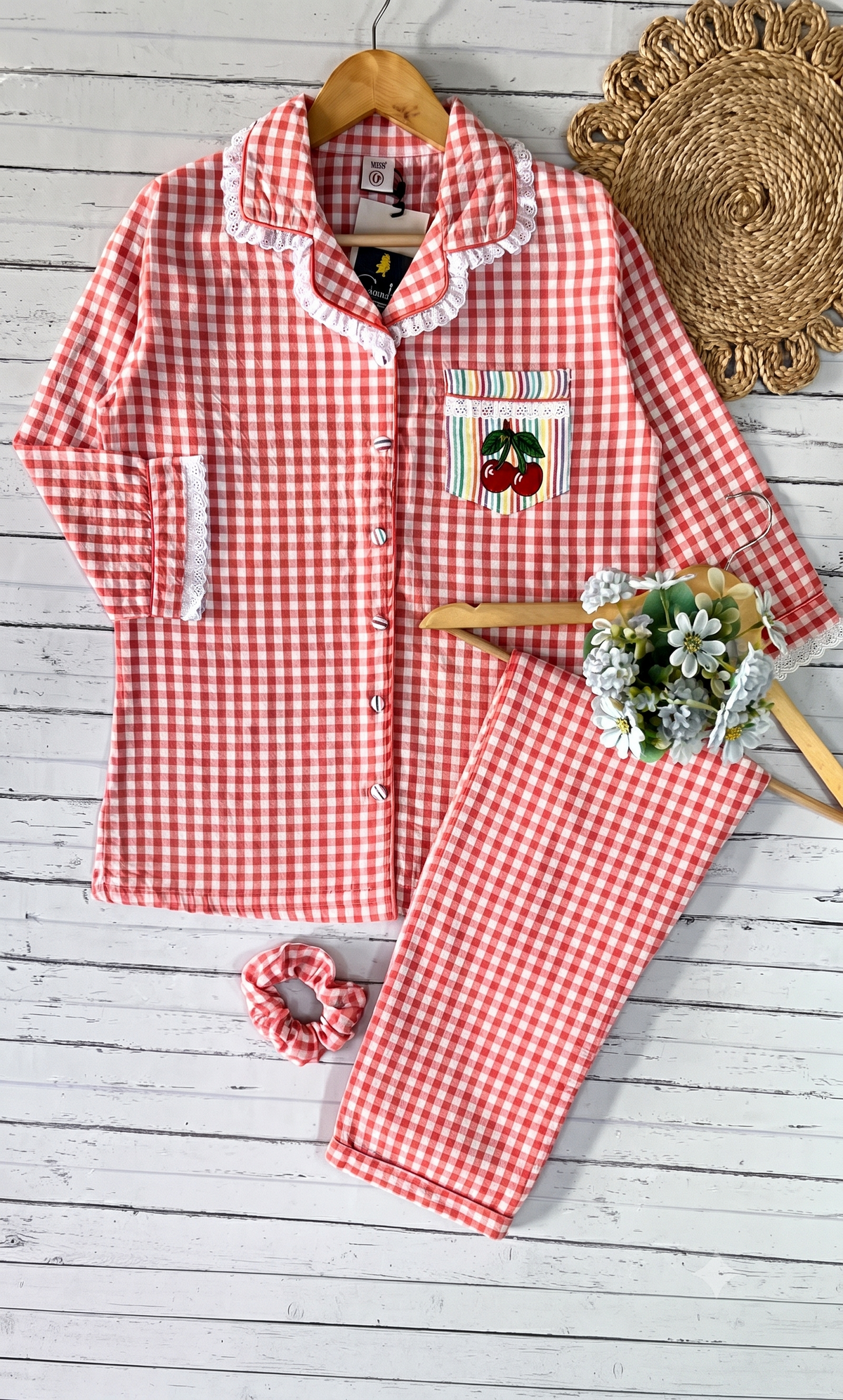 Orange Check Cherry Emb PJ Set
