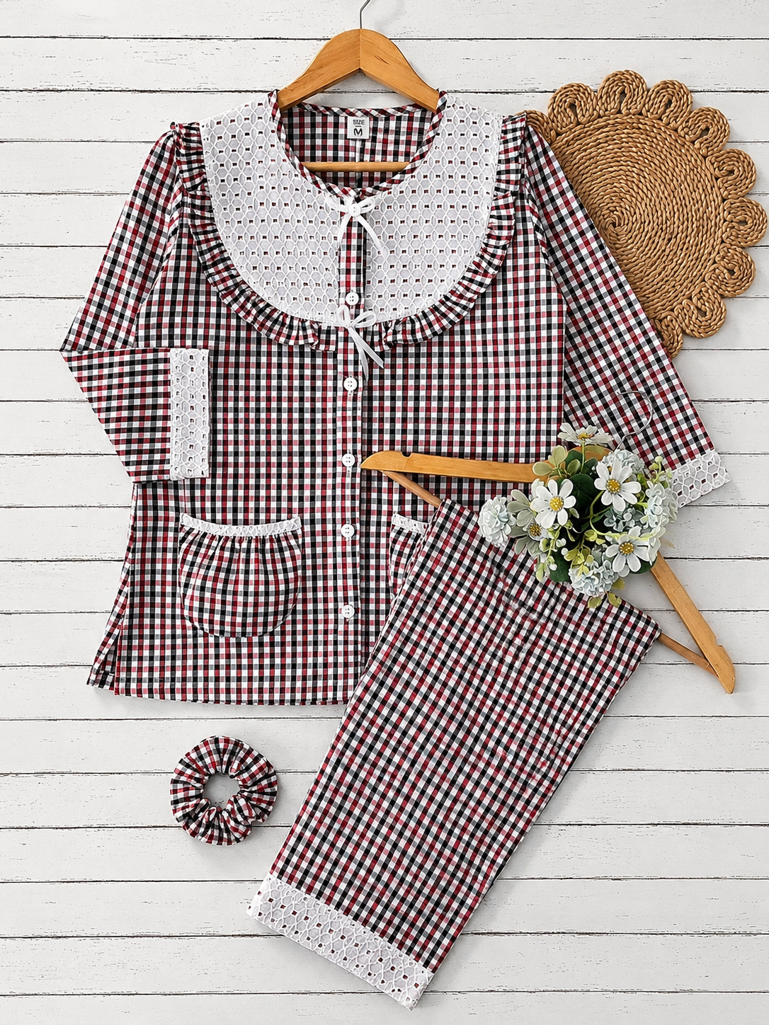 Red Checks Round Neck Pj Set (Women)