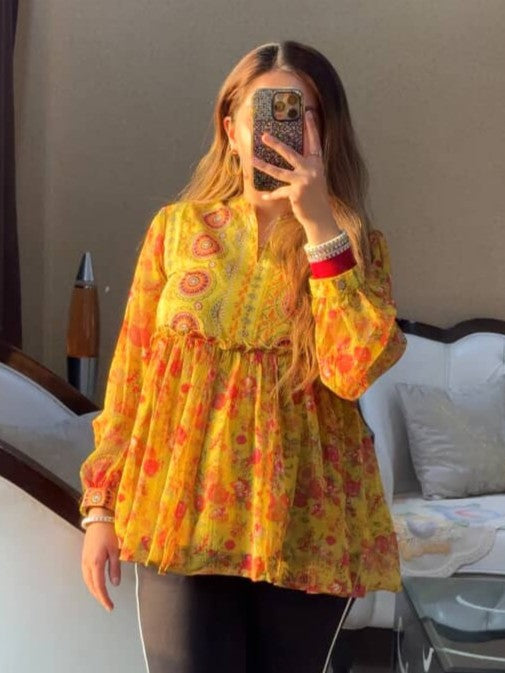 Kaaya Yellow Flared Kurti (Women)