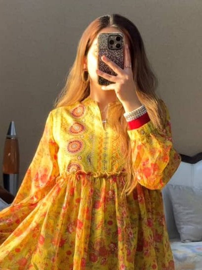 Kaaya Yellow Flared Kurti (Women)