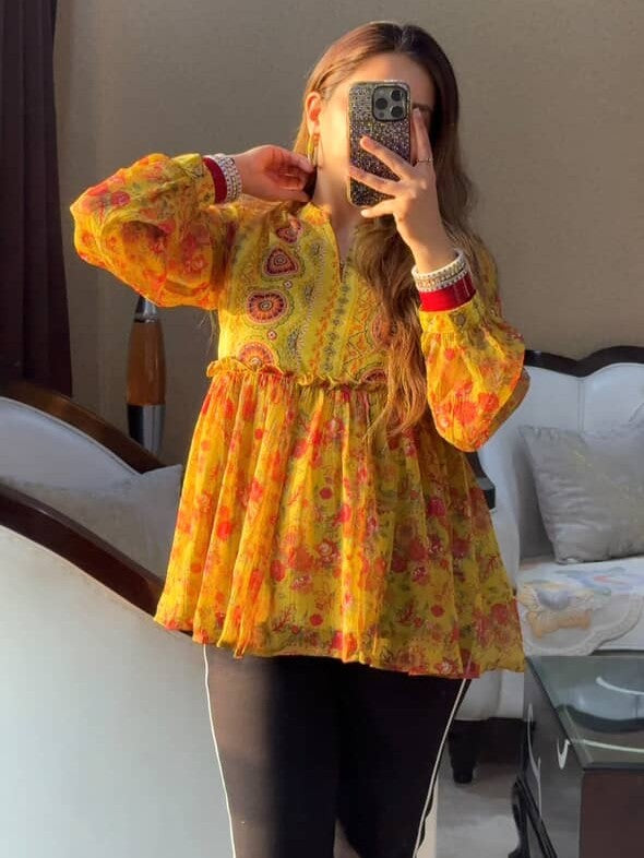 Kaaya Yellow Flared Kurti (Women)