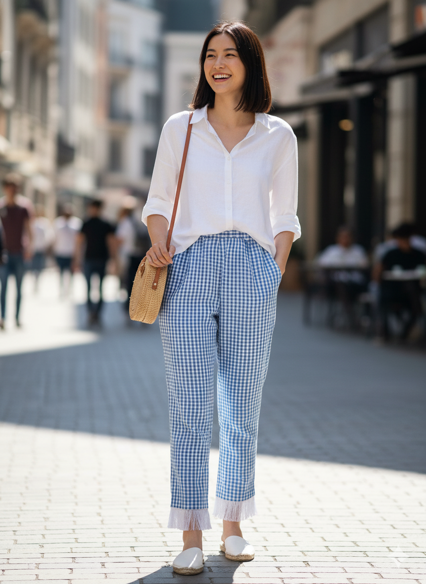 Light Blue Checks Joggers with lace (Women)