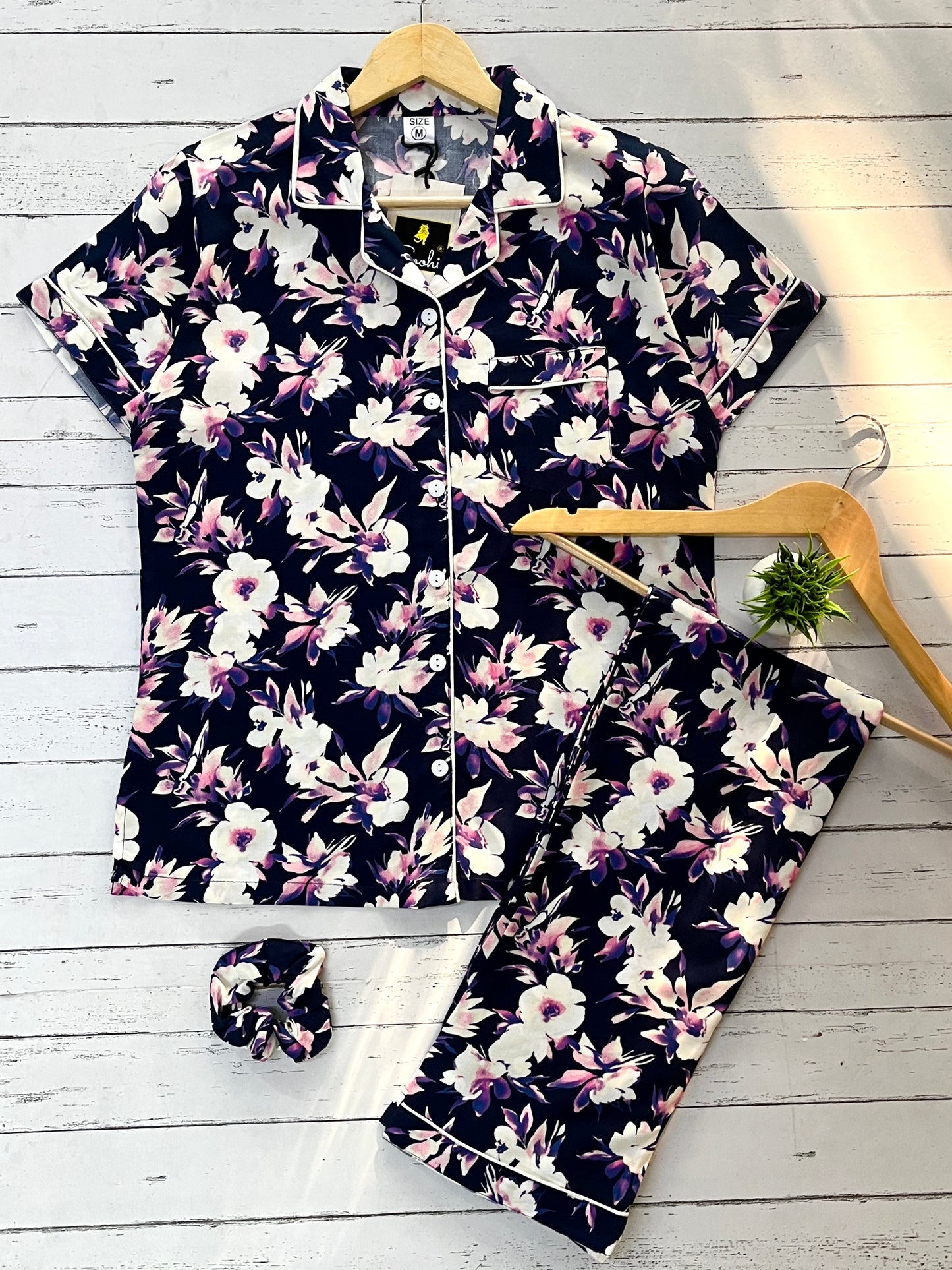 Women's Night Suit – Navy Blue Floral Print