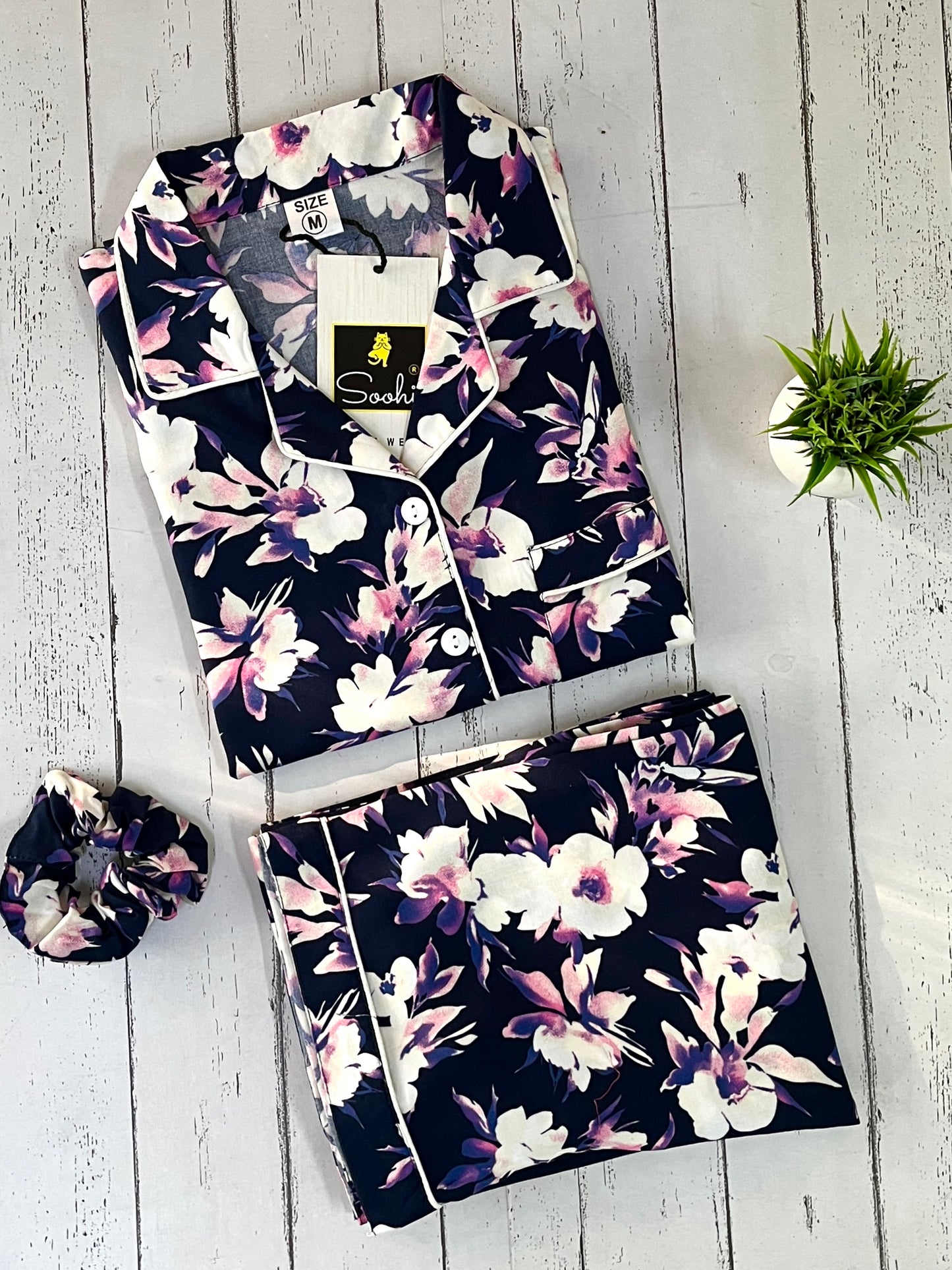 Women's Night Suit – Navy Blue Floral Print