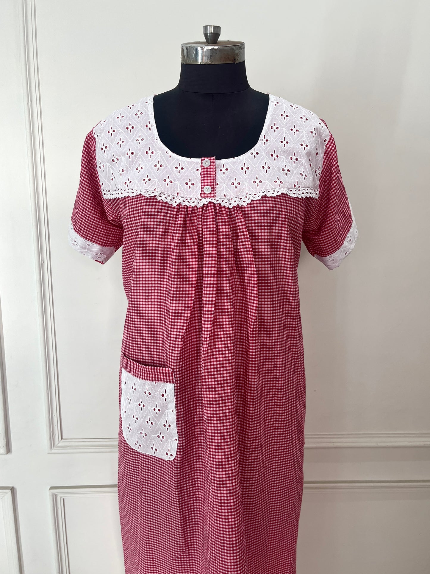 Red Check Cotton Nighty (Women)