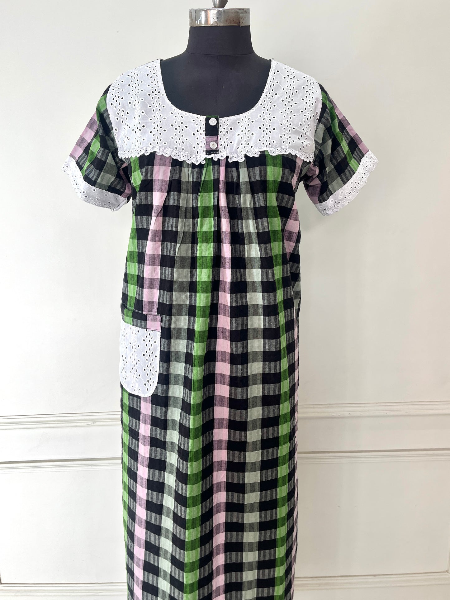Black Multi Check Cotton Nighty (Women)