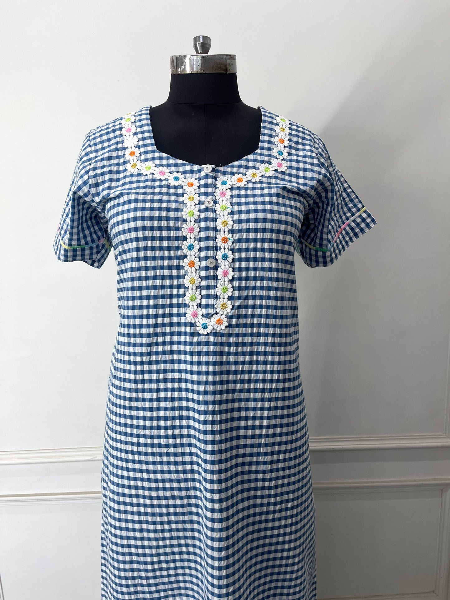 Blue Check Cotton Nighty (Women