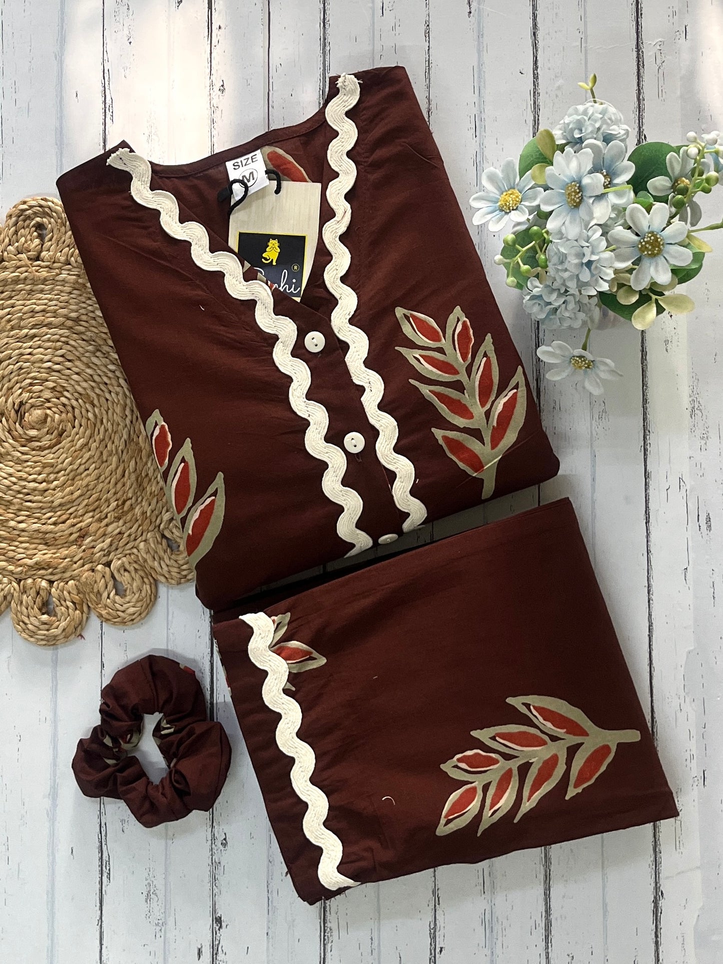 Brown Leaves V-Neck Pj Set (Women)