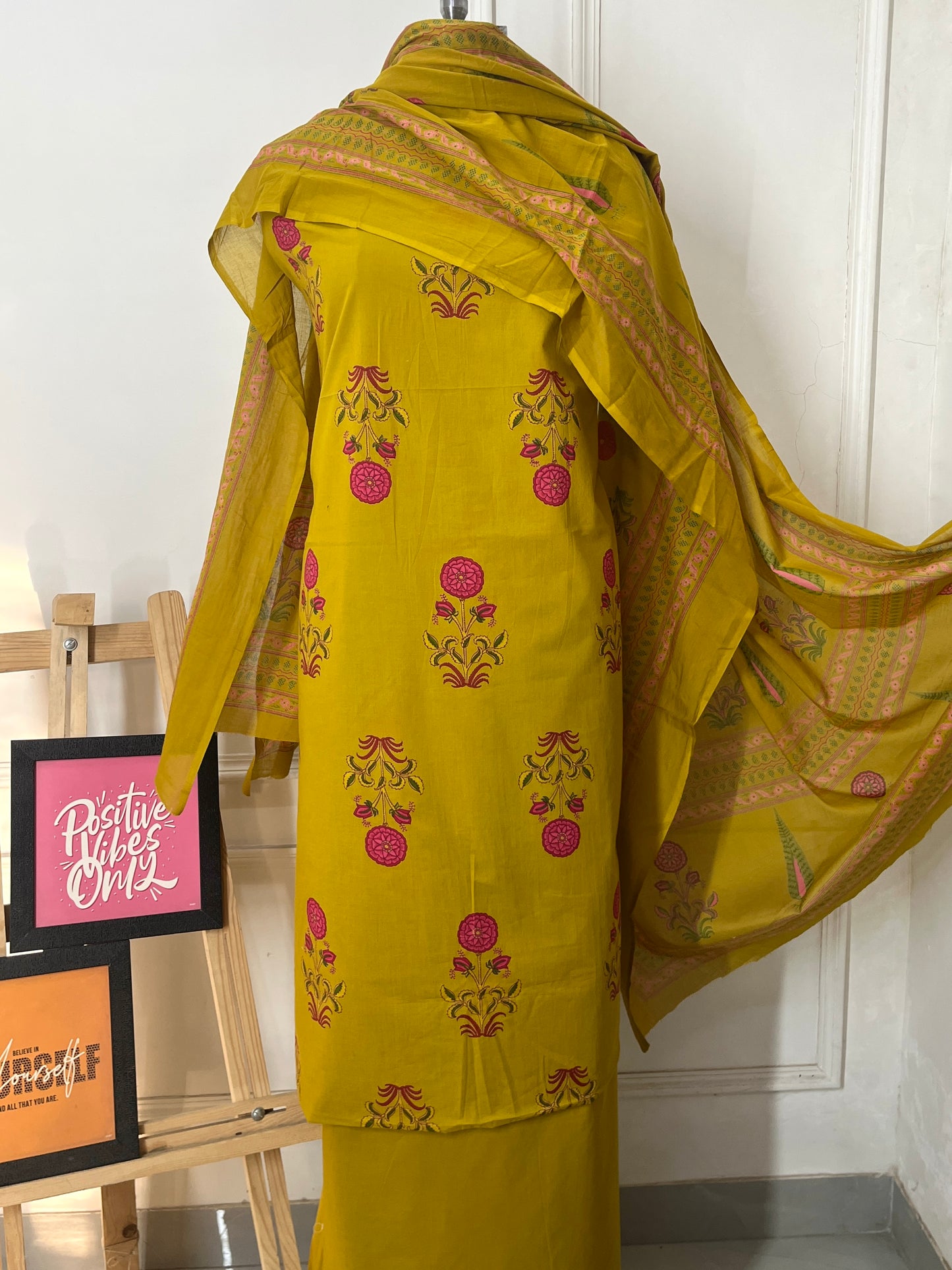 Yellow Floral Cambric Cotton Suit