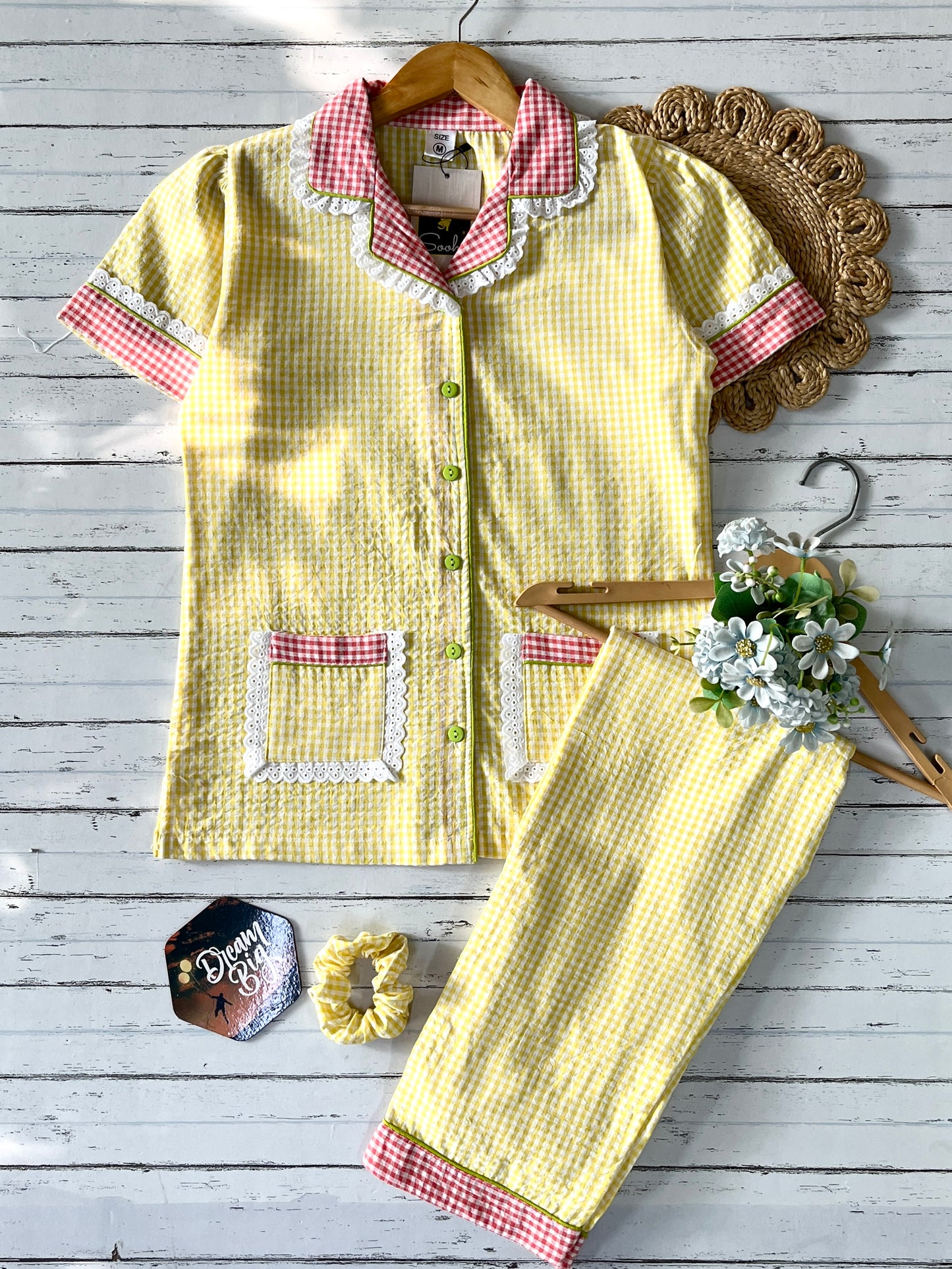 Yellow Orange Daisy Checks Pj Set (Women)