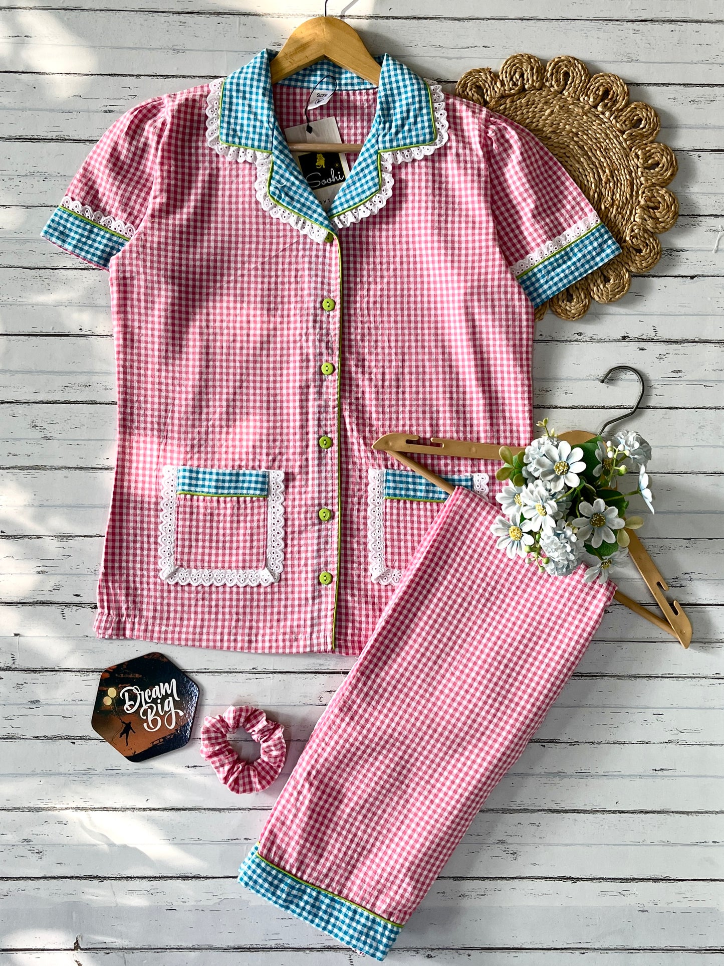 Pink Blue Daisy Checks Pj Set (Women)