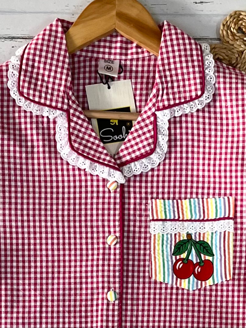 Pink Check Cherry Emb PJ Set