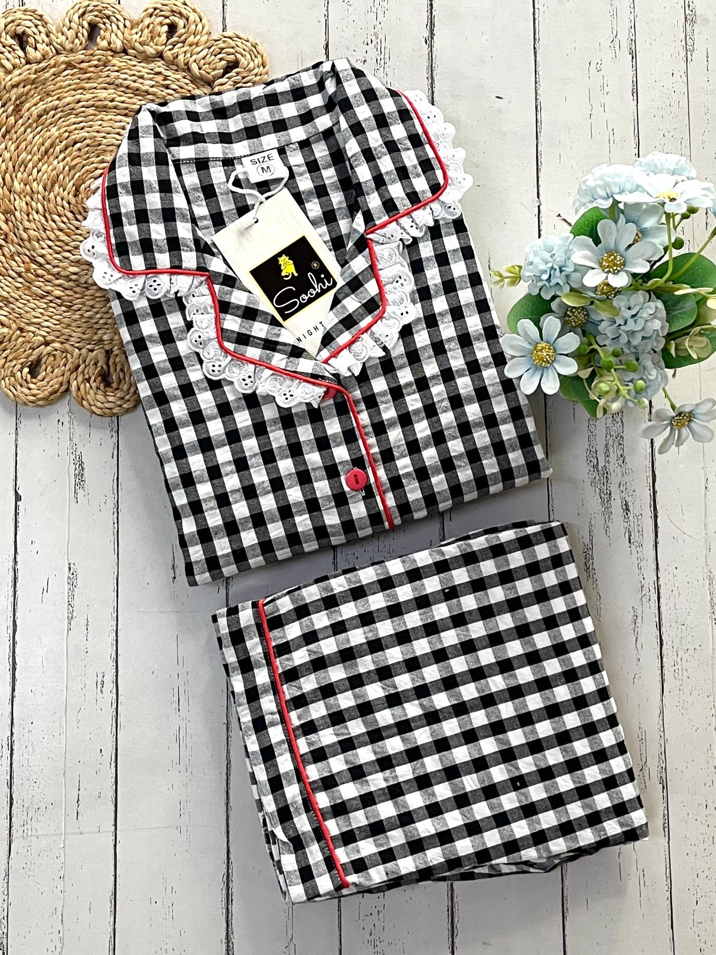 Black White Checks Pj Set (Women)