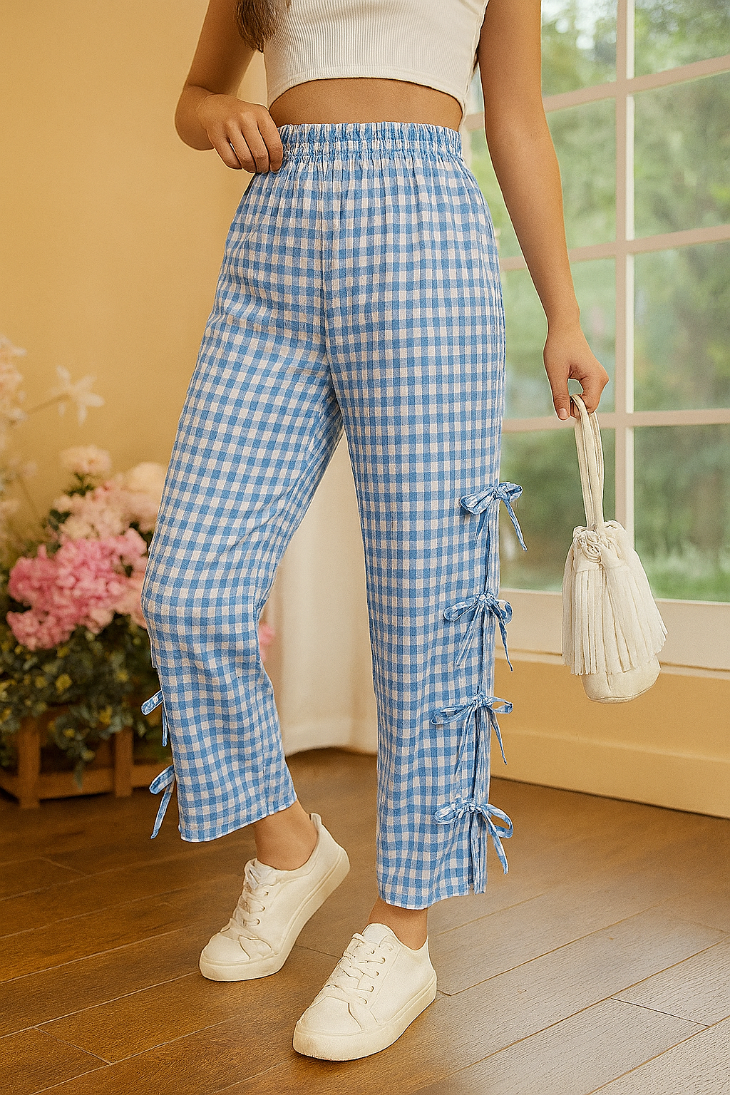 Light Blue Checks Joggers (Women)