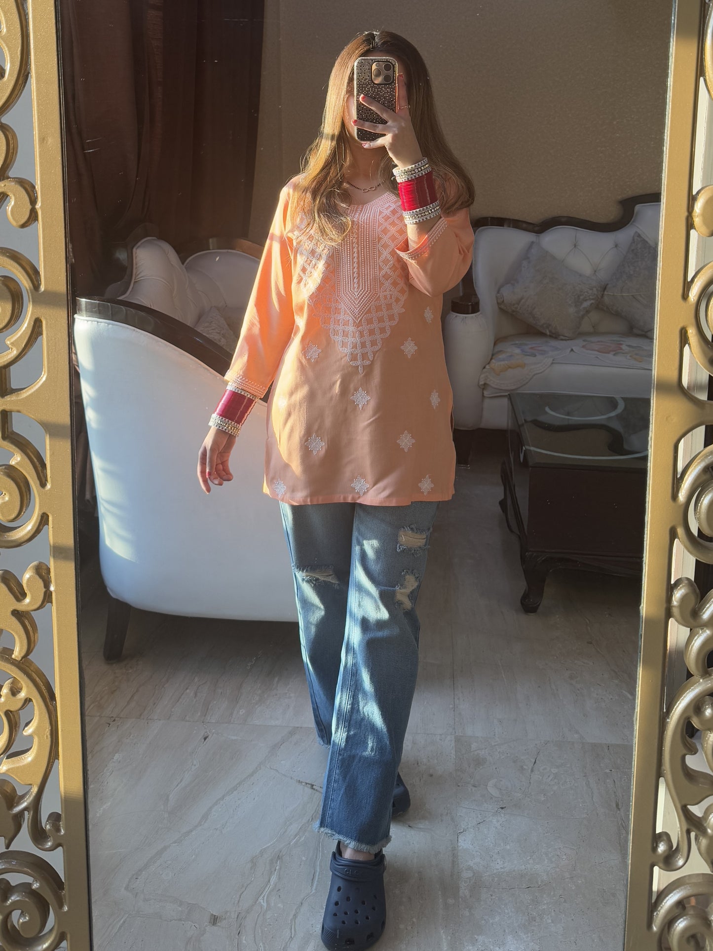 Peach Glow Chikankari Kurti (Women)