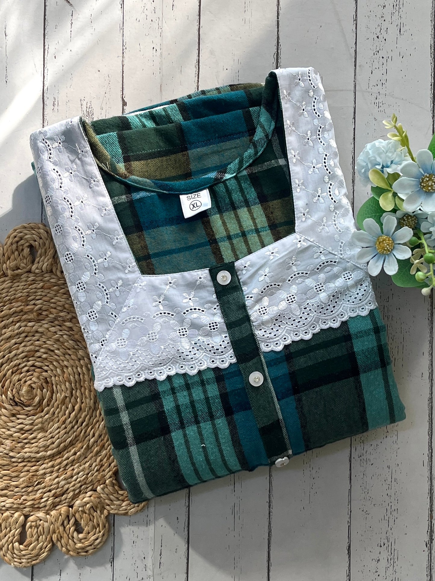 Green Check with Lace Winter Nighty (Women)