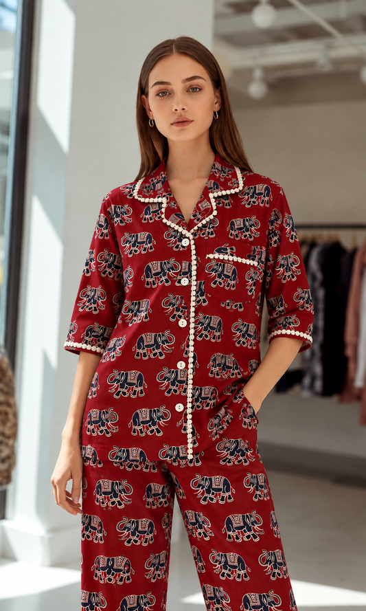 Mehroon Elephant pure cotton Pj Set (Women)