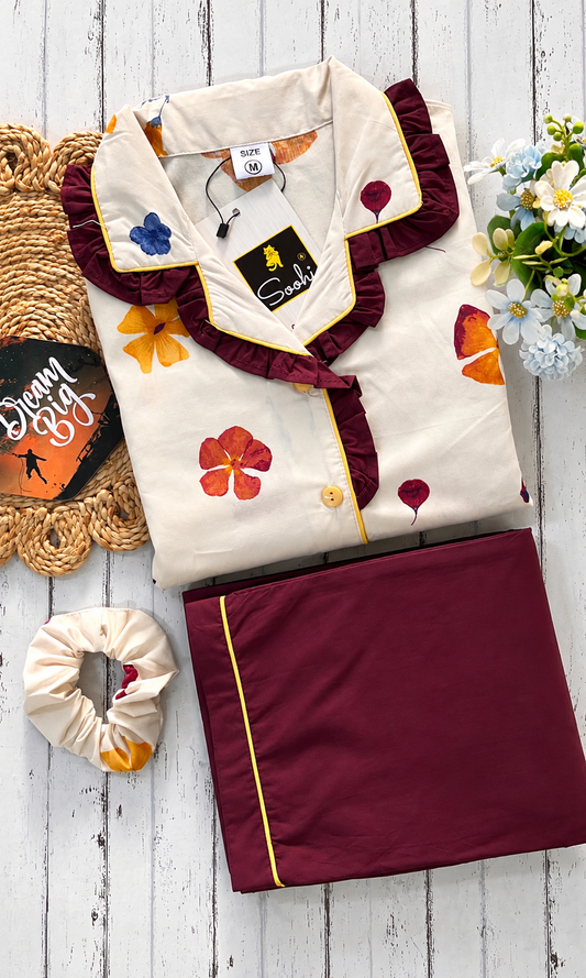 Burgundy Blossom with Frill PJ set (Women)