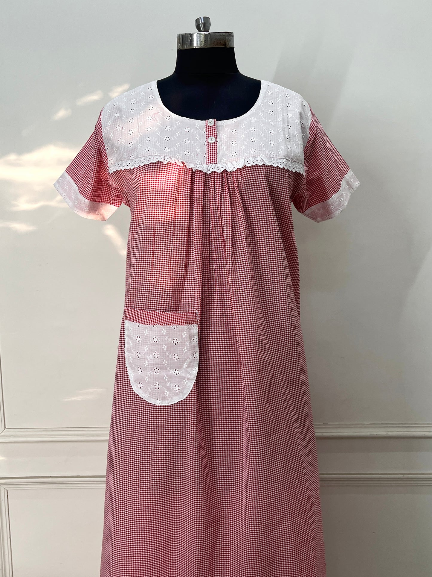 Red Checks Cotton Nighty (Women)