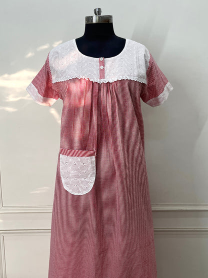 Red Checks Cotton Nighty (Women)