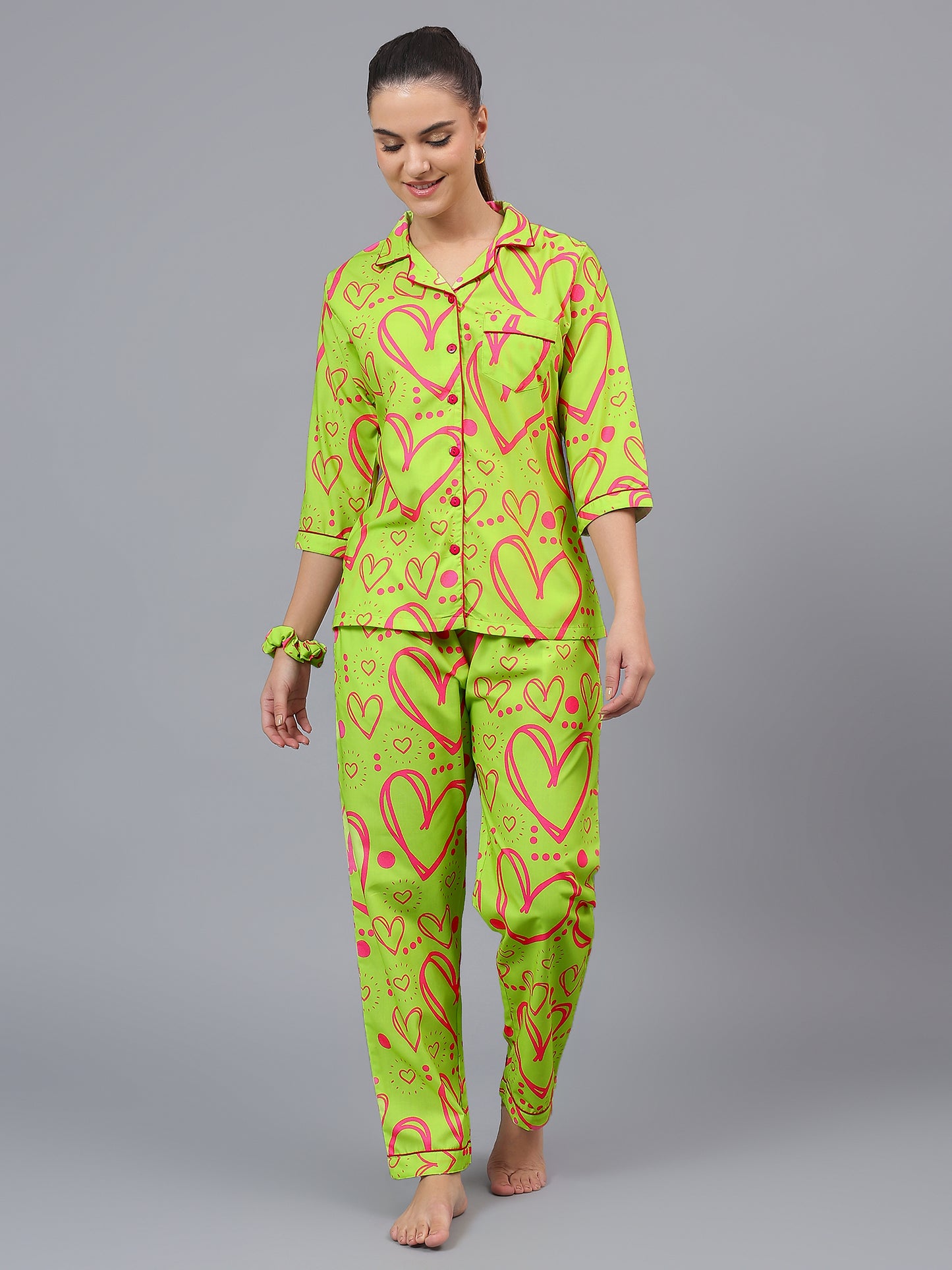 Neon Green Heart print Pure Cotton PJ Set (Women)