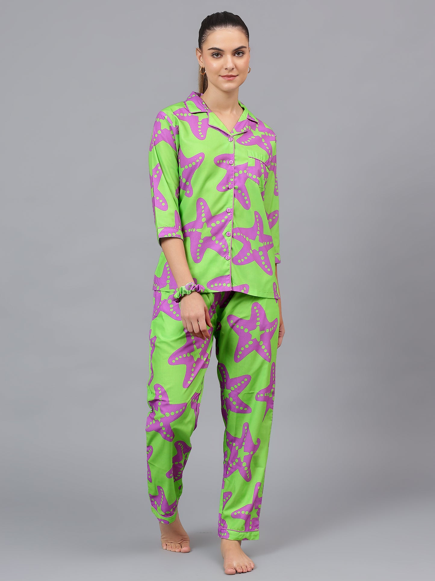 Lime Green Starfish print Pure Cotton PJ Set (Women)