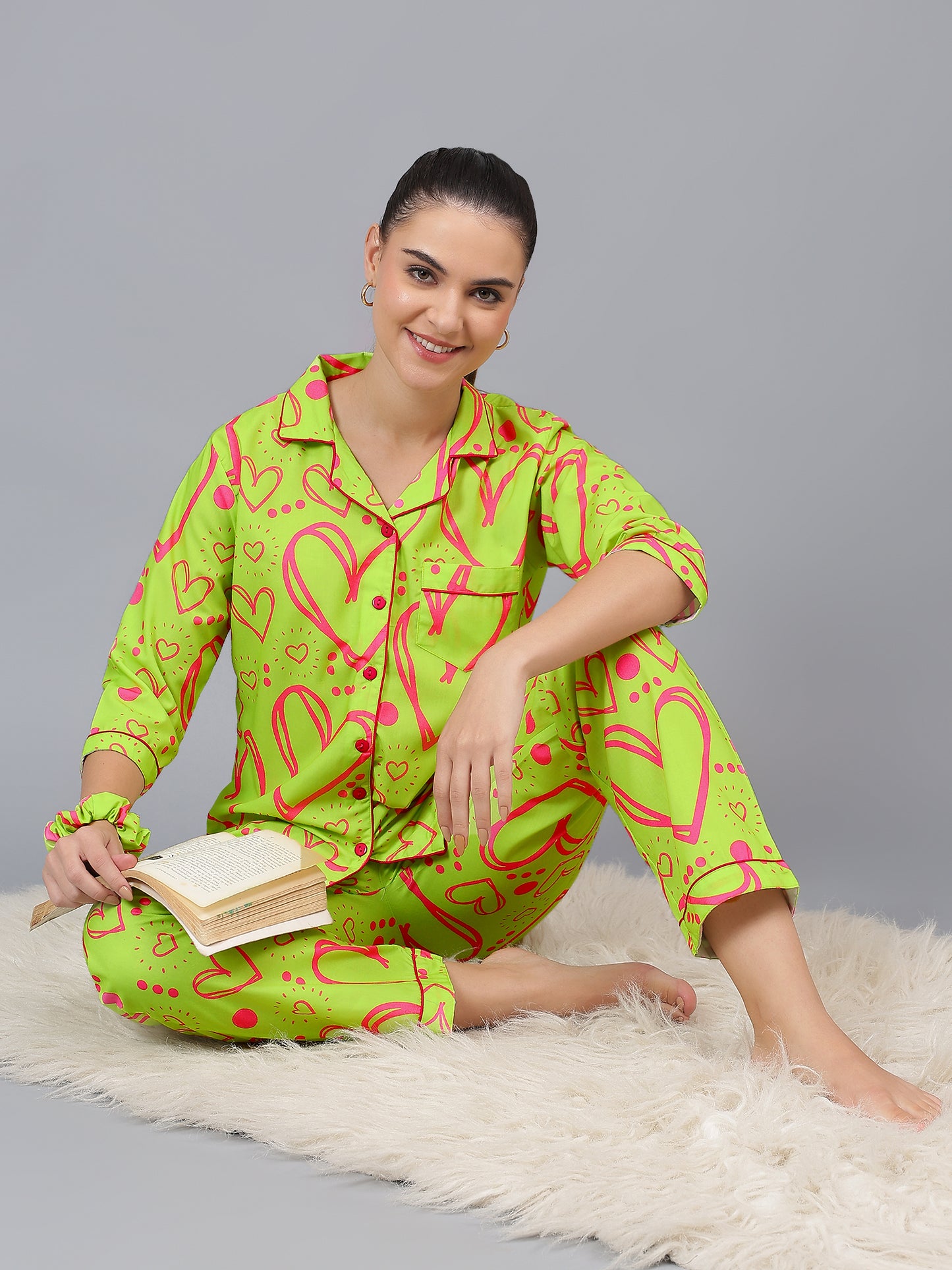 Neon Green Heart print Pure Cotton PJ Set (Women)