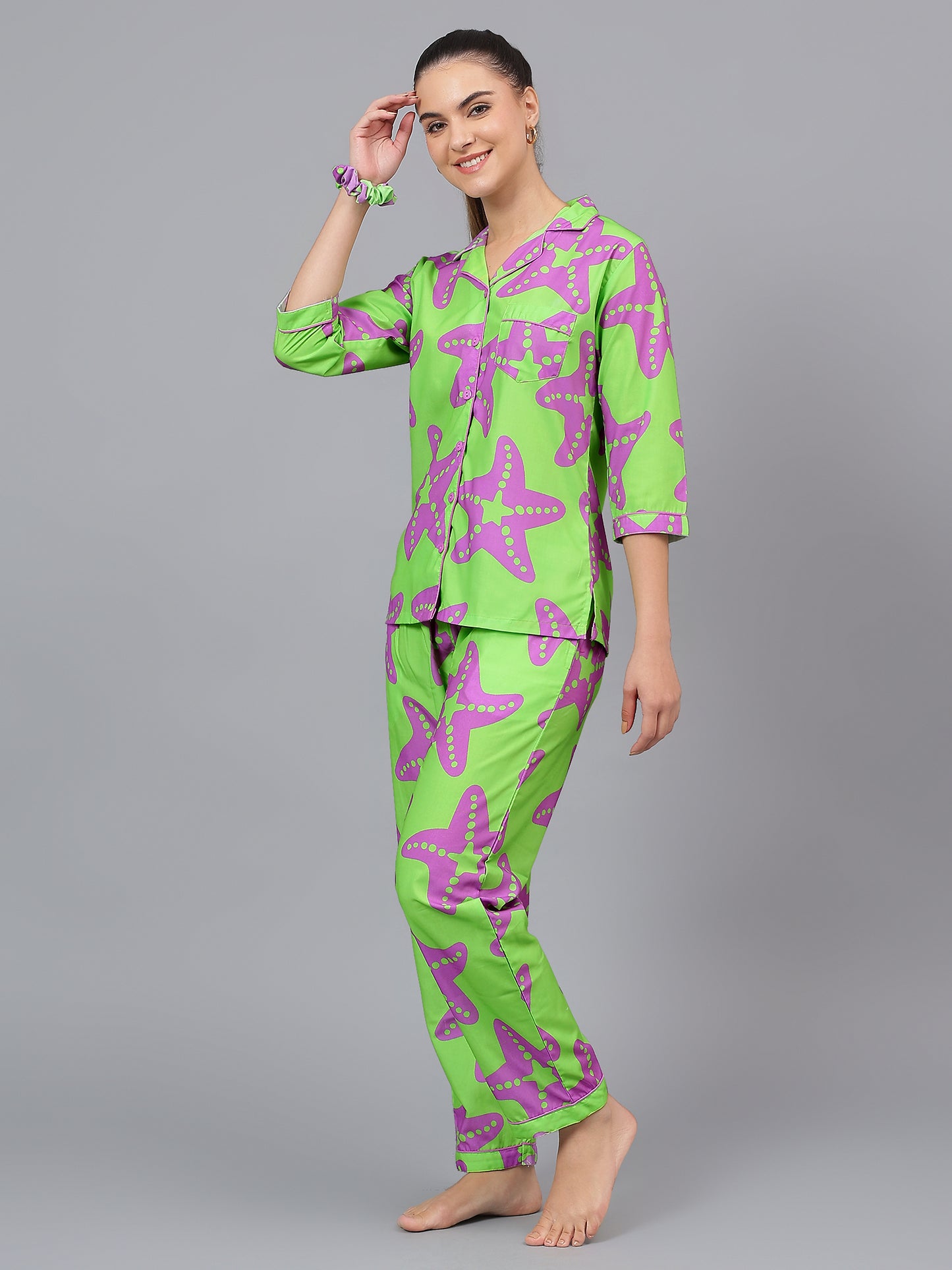 Lime Green Starfish print Pure Cotton PJ Set (Women)