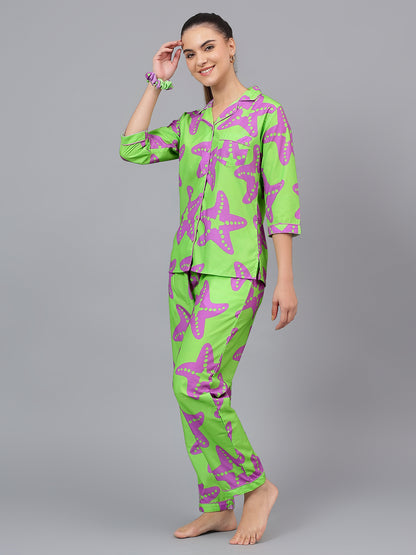 Lime Green Starfish print Pure Cotton PJ Set (Women)