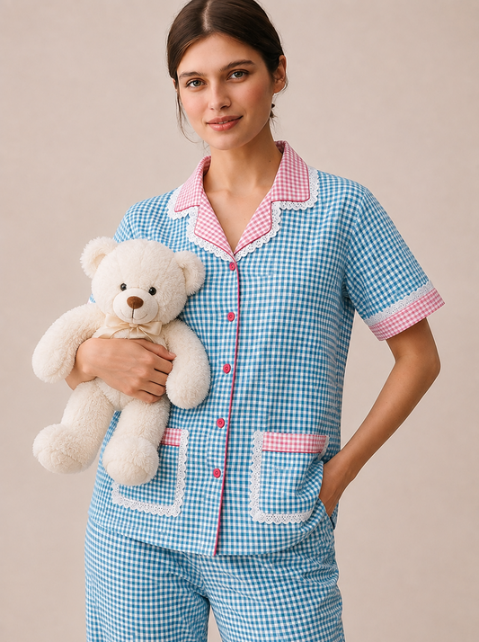 Blue Pink Daisy Checks Pj Set (Women)