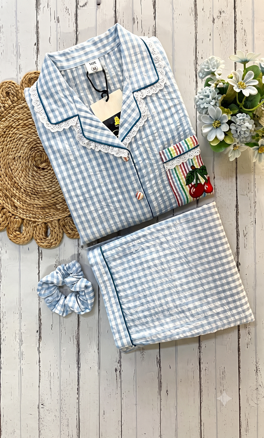 Blue Check Cherry Emb PJ Set