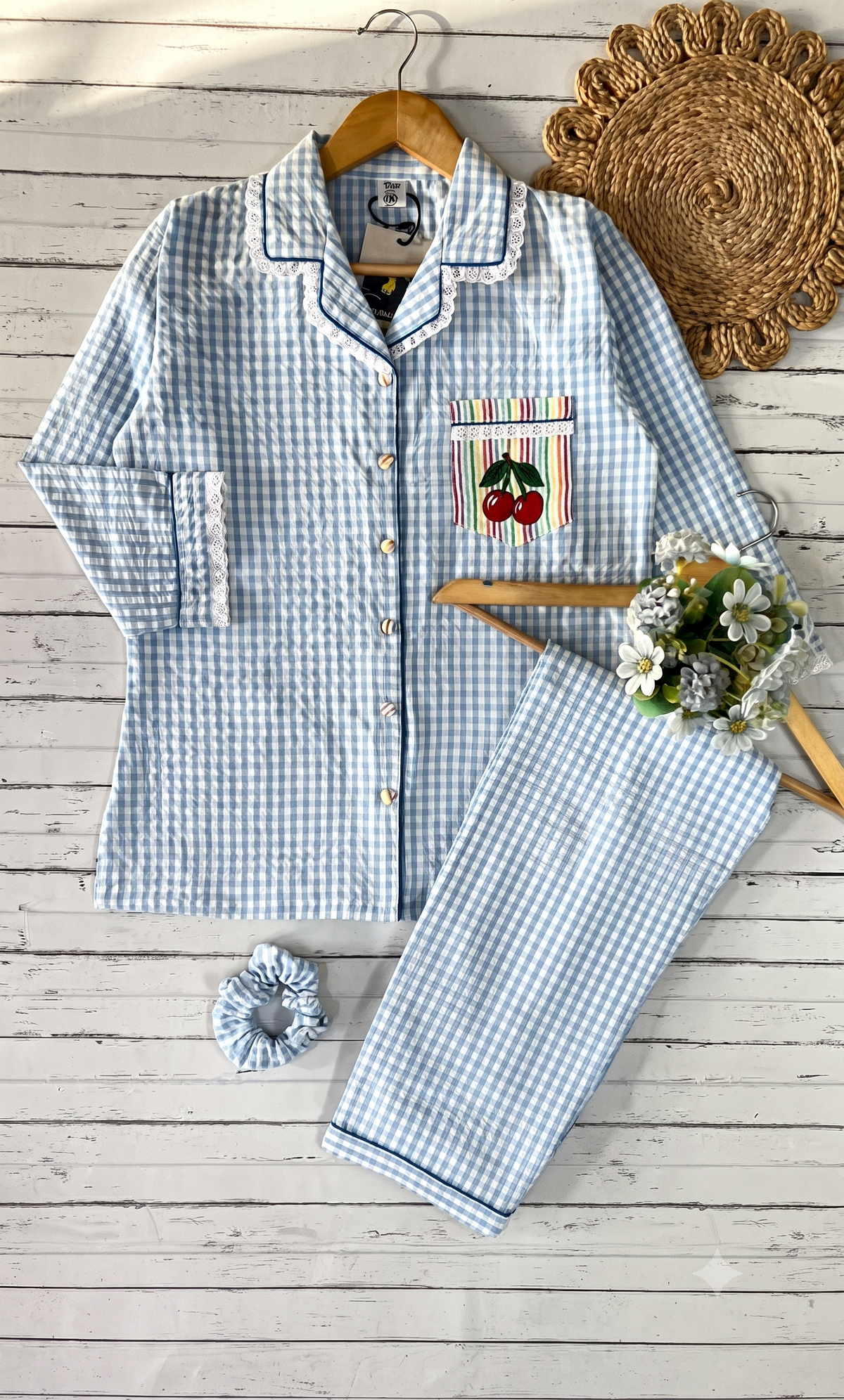 Blue Check Cherry Emb PJ Set
