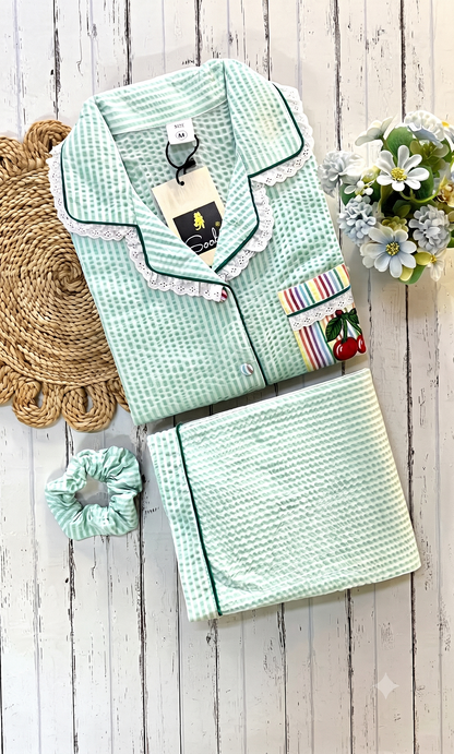 Mint Green Check Cherry Emb PJ Set