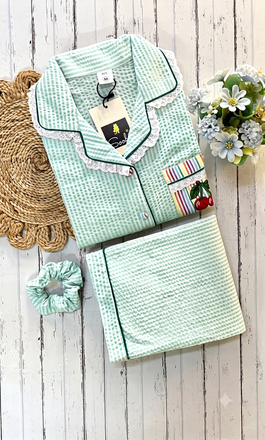 Mint Green Check Cherry Emb PJ Set