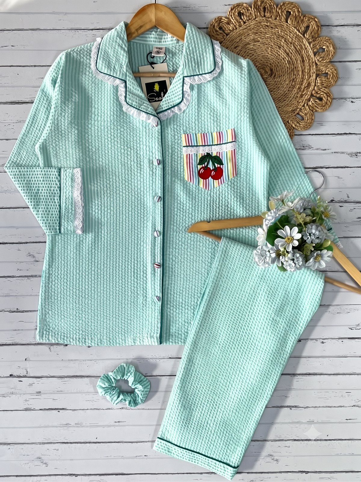 Mint Green Check Cherry Emb PJ Set