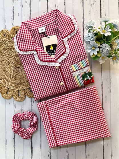 Pink Check Cherry Emb PJ Set