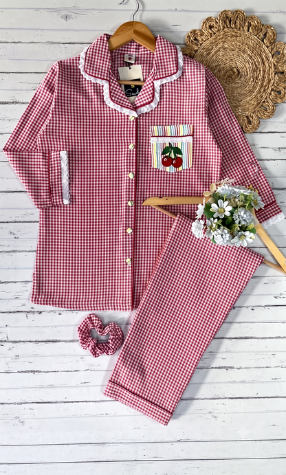 Pink Check Cherry Emb PJ Set