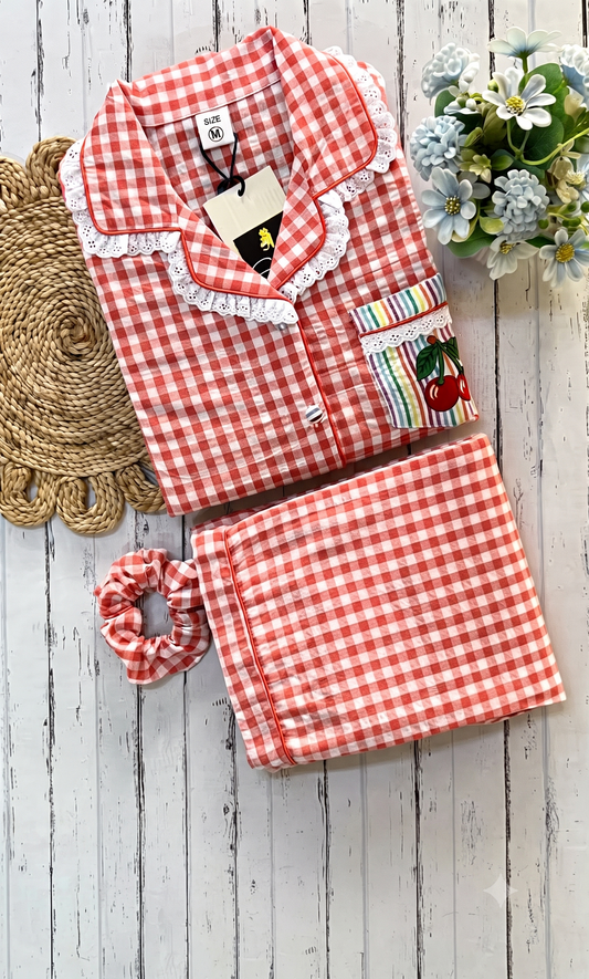 Orange Check Cherry Emb Pj Set