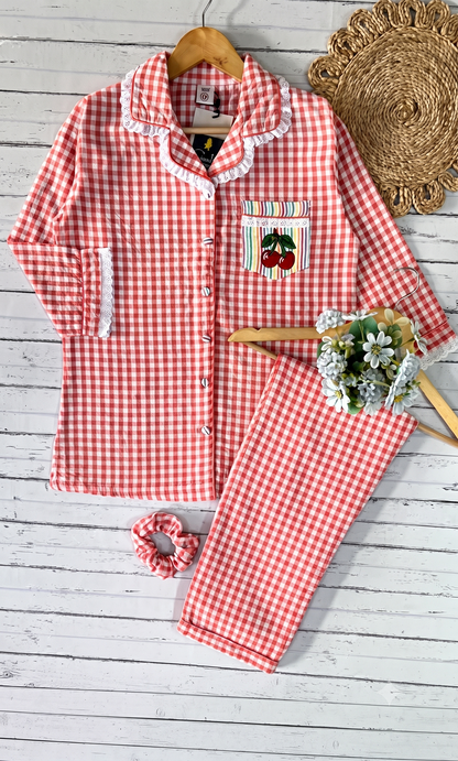 Orange Check Cherry Emb PJ Set