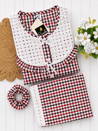 Red Checks Round Neck Pj Set (Women)
