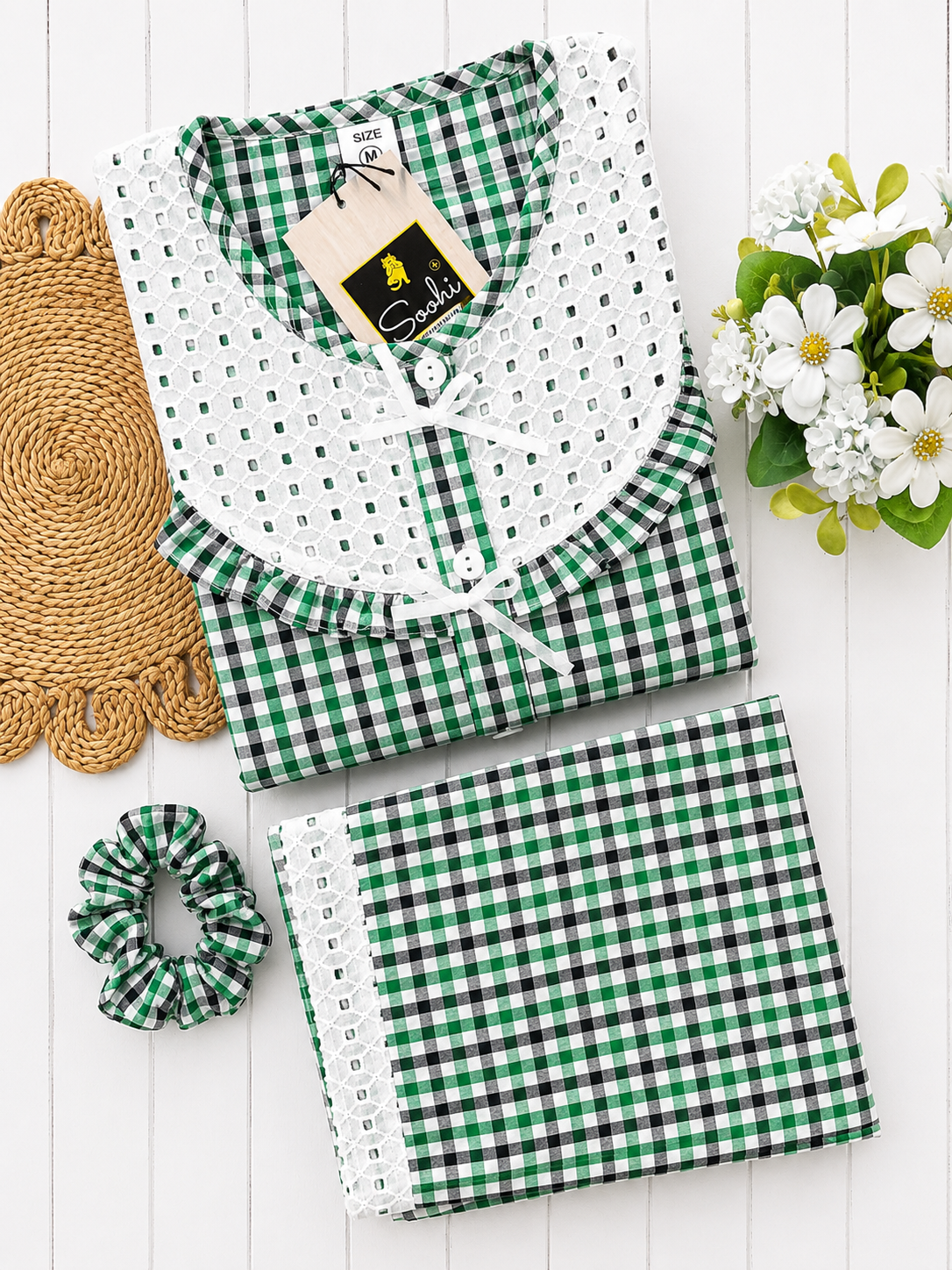 Green Checks Round Neck Pj Set (Women)