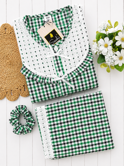 Green Checks Round Neck Pj Set (Women)