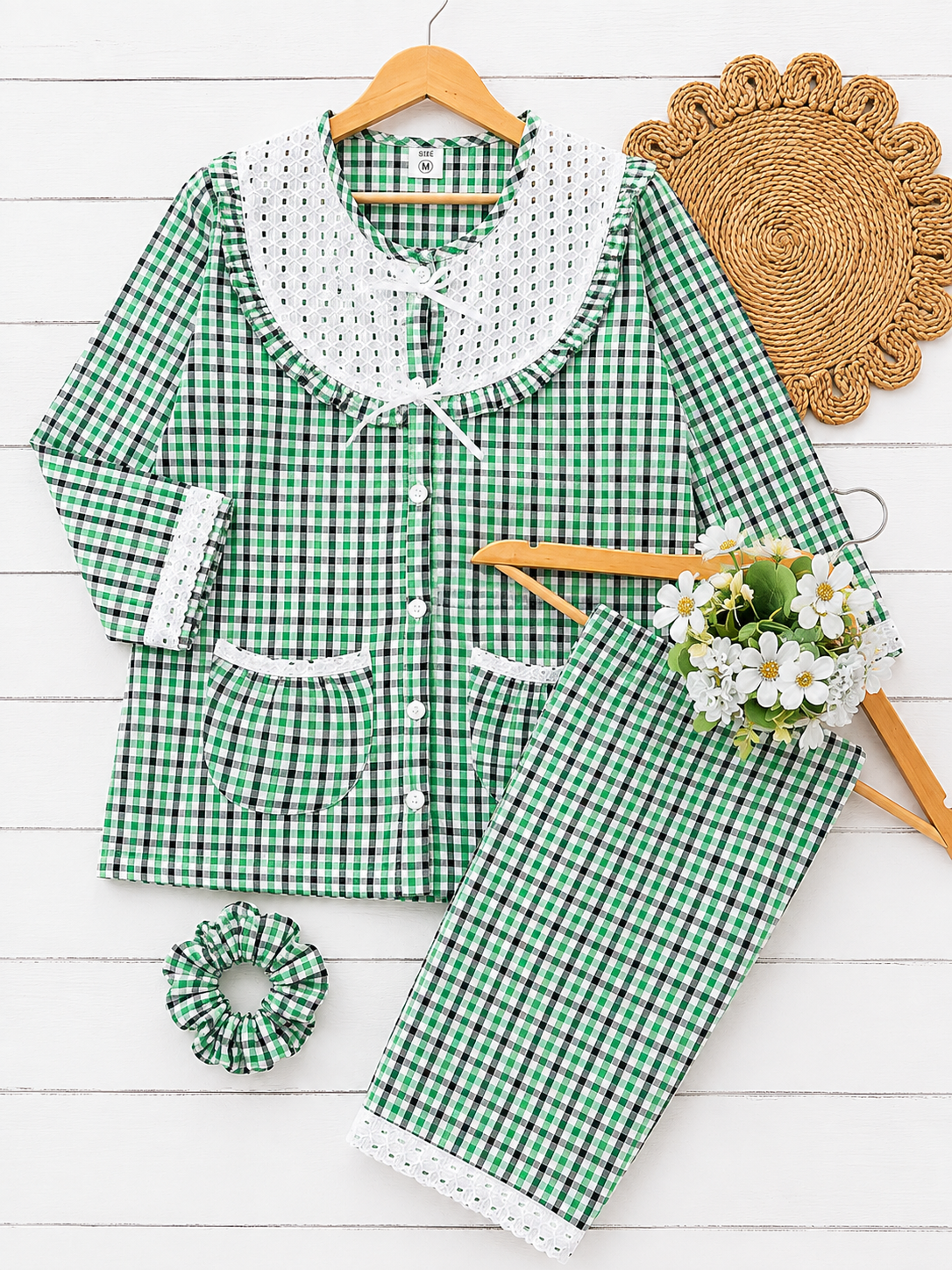 Green Checks Round Neck Pj Set (Women)