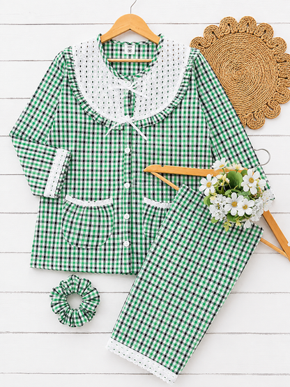 Green Checks Round Neck Pj Set (Women)