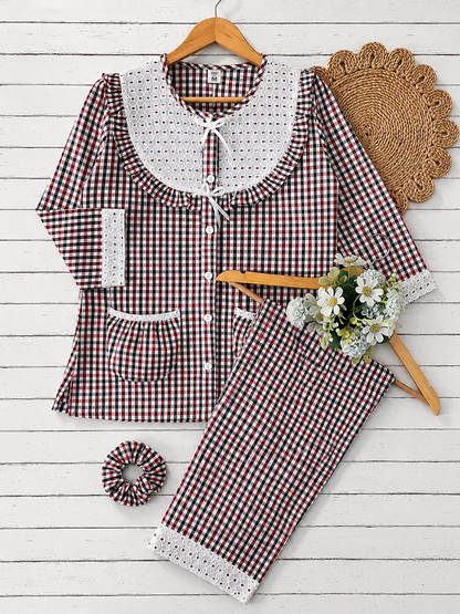 Red Checks Round Neck Pj Set (Women)