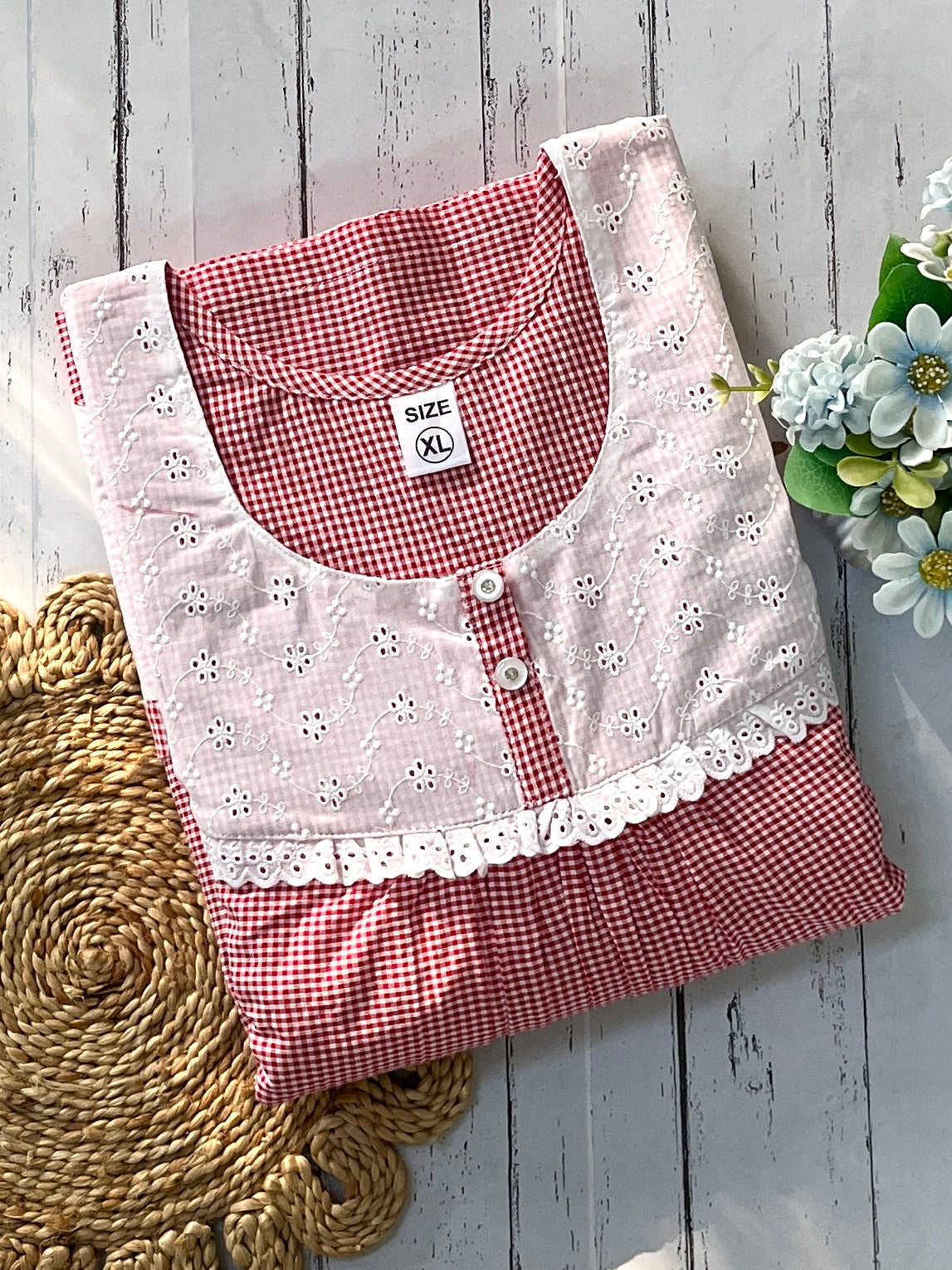 Red Checks Cotton Nighty (Women)