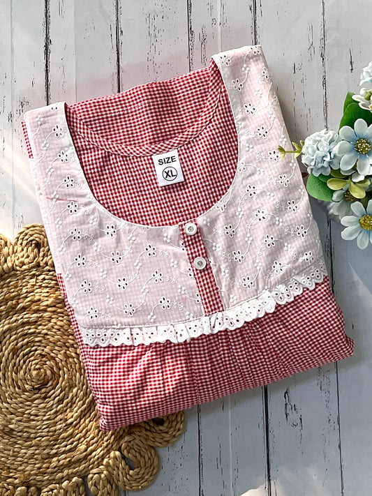 Red Checks Cotton Nighty (Women)