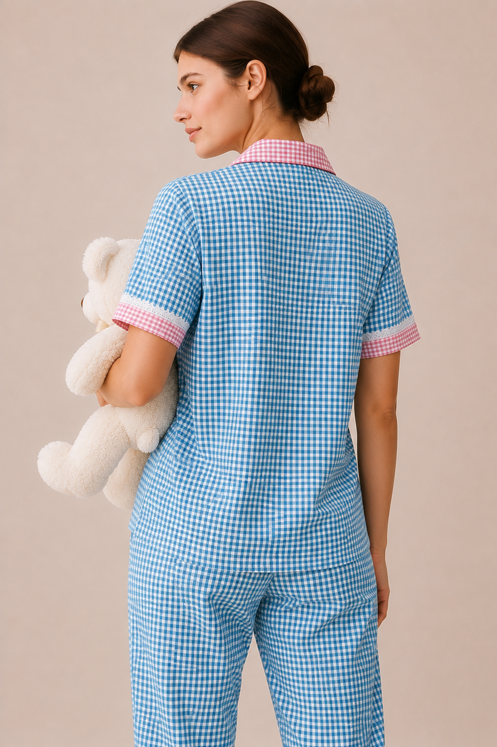 Blue Pink Daisy Checks Pj Set (Women)