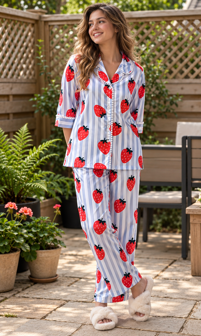 Blue stripe strawberry Luxe Satin PJ Set