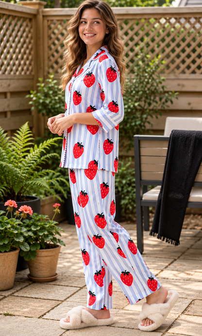 Blue stripe strawberry Luxe Satin PJ Set